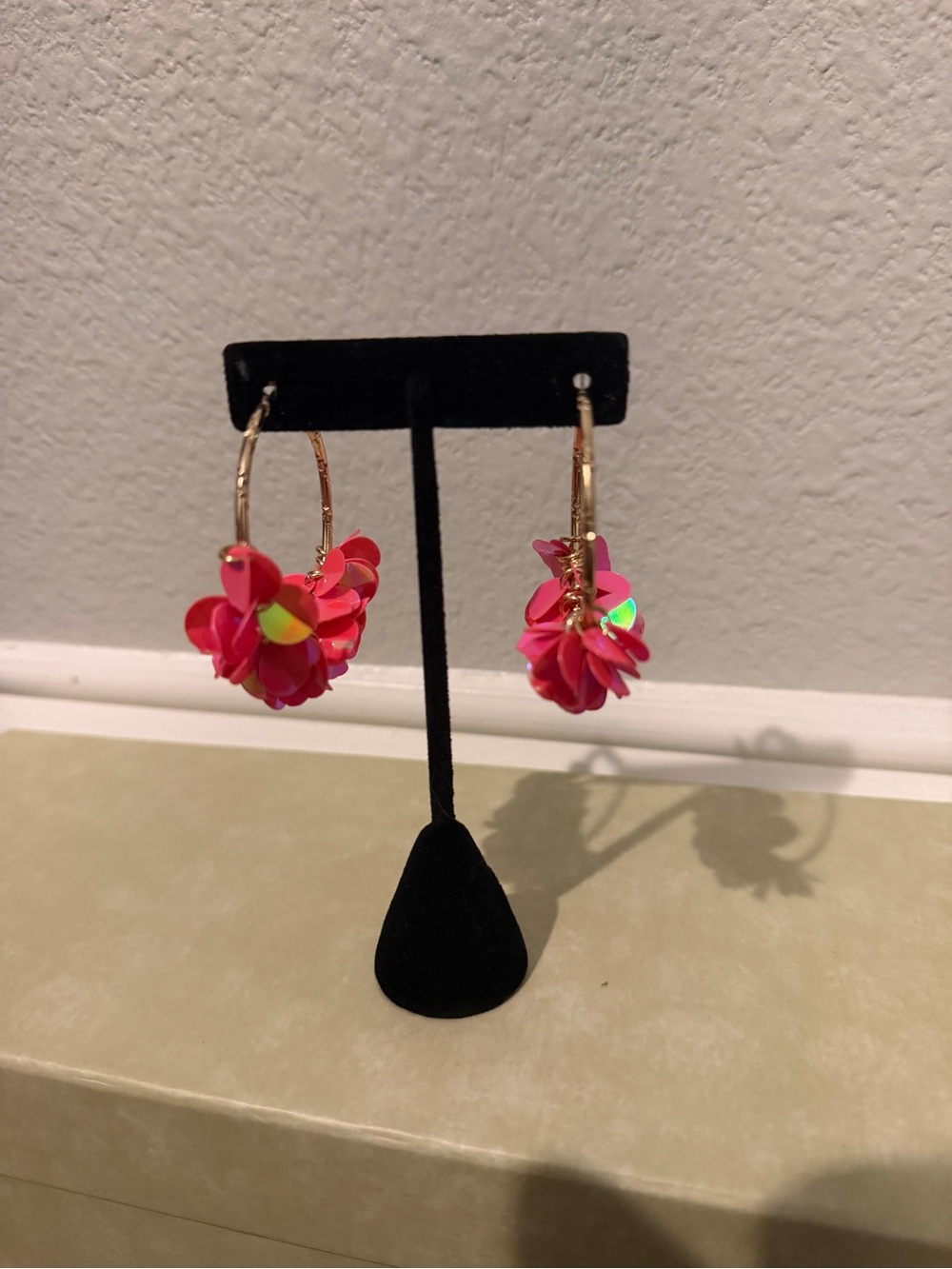 Gold Hoop Earrings with Pink Floral Sequin Charms